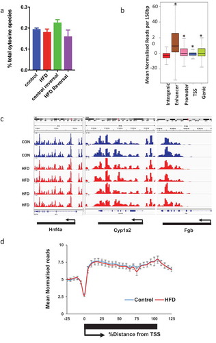Figure 2. 5hmC profiles are highly reproducible and HFD and weight loss do not associate with global 5hmC changes. (a) LC-MS analysis of hepatic 5hmC in CON and HFD mice. (b) Schematic representation of gene regions in relation to TSS. *p < 0.001 versus intergenic regions (Wilcox rank sum test). (c) Integrated genome viewer outputs of hMeDIP-seq experiments visualising 5hmC profiles over three constitutively active hepatic genes showing reproducibility between animals. Each histogram bar represents score over one 150 bp window. (d) Sliding window analysis of 5hmC profile over all genes in CON (blue n = 2) and HFD (red n = 4) mice.
