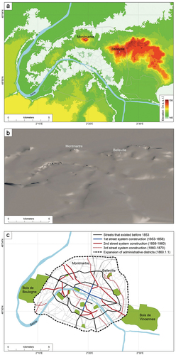 Figure 2. Paris urban planning in the second Empire centered on flat land in downtown Paris: a – topographical map of Paris; B – visualization of terrain; C – Principal urban planning of Paris during the second Empire. Drawn and visualized by the author, 2023.