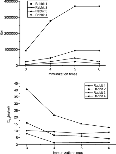 Figure 2.  Titer (upper panel) and IC50 (lower panel) change curves of antisera from various bleeds of rabbits. Neomycin-OVAE was used as coating antigen at the concentration of 1 µg/ml. The titer of antiserum was defined as the dilution factor which gave 2.1 times OD values than negative serum. Each point represents the average of three well replicates.