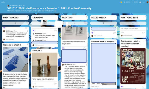 Figure 1. V1S1010 Padlet in Shelf view with five stacked columns: Printmaking, Drawing, Painting, Mixed Media, and Anything Else.