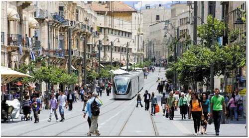 Jerusalem city centre light rail line. Improving health and wellbeing through improvements in public transportation, accessibility, mobility, business and walkability. Photo: Gal Meiri.