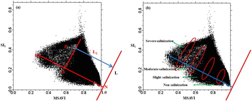 Figure 7. Construction of MSAVI–SI1 feature space (a) Model of salinization detection index (SDI2); (b) Distance for different soil salinization in MSAVI-SI1 feature space.