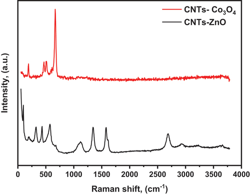 Figure 9. Raman spectra of CNTs-ZnO, and CNTs-Co3O4.