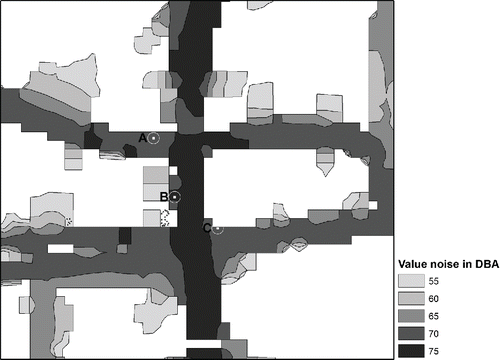 Figure 2 Fictional respondents’ coordinates mapped to environmental noise data of road traffic.