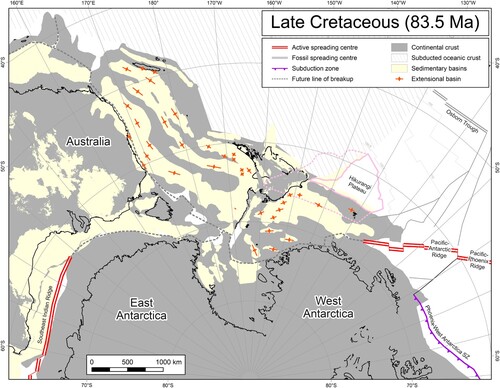 Figure 12. Late Cretaceous reconstruction of Zealandia with Australia and Antarctica from Strogen et al. (Citation2022) using finite rotations and crustal block configurations described in this study.