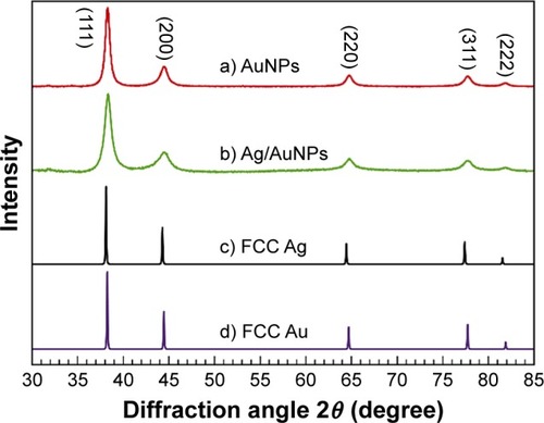 Figure 4 Comparison between the experimental XRD patterns for (a) AuNPs and (b) Ag/AuNPs and the calculated XRD patterns for bulk FCC (c) Ag and (d) Au.Citation56Abbreviations: AgNPs, silver nanoparticles; AuNPs, gold nanoparticles; FCC, face-centered cubic; XRD, X-ray diffraction.