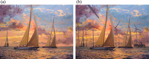 Figure 2. Captions and illustrations as they appear on the Windstop website. (a) A beautiful picture of Nantucket Sound by world famous artist Louis Guarnaccia of Nantucket Island. (b) Louis decided to paint his worst nightmare. The industrialisation of our virgin Nantucket Sound.