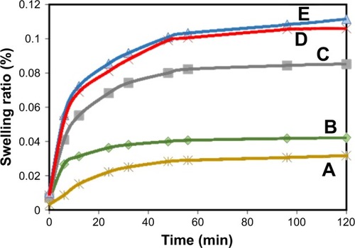 Figure 6 Swelling capacity of pure BNC (A) and BNC/Fe3O4 nanocomposites (1.0, 4.0, 8.0, and 16.0 wt%) (B–E), respectively.Note: Results are expressed as mean ± SD.Abbreviation: BNC, bacterial nanocellulose.