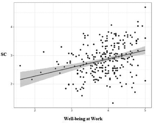 Figure 5. Correlation between self-compassion (SC) and well-being at work.