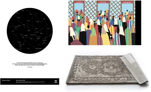 Figure 3. Left: Bouchra Khalili. Sea as Sky. Poster. Museum of Modern Art, New York. Top right: Helen Zughaib. 2018. Syrian Migration Series #5. Gouache and ink on board. 12″ × 12″. Bottom right: Fadi al-Hamwi. 2017. Irrational Loop of Dust. Concrete. 9 × 139 × 80 cm. Kuwait. Contemporary Art Platform Kuwait.