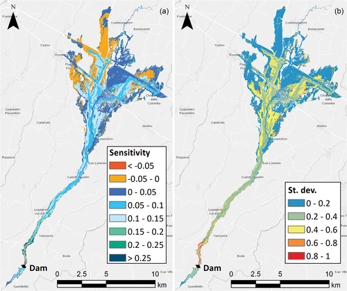 Figure 9. (a) Map showing the global sensitivity of the flood hazard index to the breach width SLHR. (b) Degree of interaction of the reservoir level and breach width on the variability of the flood hazard index with respect to the breach width (σSLHR).