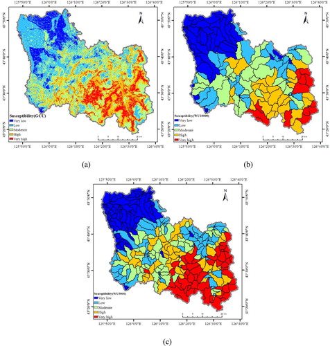 Figure 6. Debris flow susceptibility mapping based on (a) GCU, (b) WU 10 000, and (c) WU 5000.