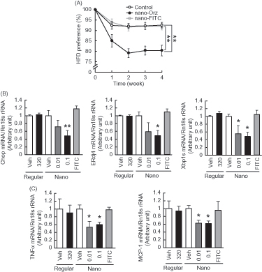 Figure 6. Impact of Nano-Orz on preference for dietary fat and hypothalamic ER stress in ob/ob mice. (A) HFD preference in mice treated with Nano-Orz. Mice were allowed free access to CD and HFD (n = 4; three mice per cage). Mice were treated with Nano-Orz (0.01 and 0.1 μg/g body weight/day) or FITC-encapsulated PLGA nanoparticles (0.1 μg/g body weight/day) for 4 weeks, and mRNA levels were measured in the hypothalamus for Chop, ERdj4, Xbp1s (B), TNFα and MCP-1 (C). Values were normalized to that of 18S rRNA and are expressed as levels relative to that of vehicle-treated mice (n = 8). The mRNA levels were determined using real-time PCR. *p < 0.05, **p < 0.01 compared with vehicle-treated mice. ANOVA followed by multiple comparison tests (Bonferroni/Dunn method) was used.
