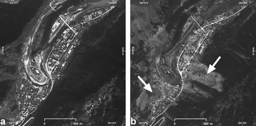 Figure 8.  This figure shows the city of Beichuan on pre-disaster (a) and post-disaster (b) SPOT-5 imagery at 2.5 m resolution. Two large landslides (white arrows) have destroyed parts of the city.