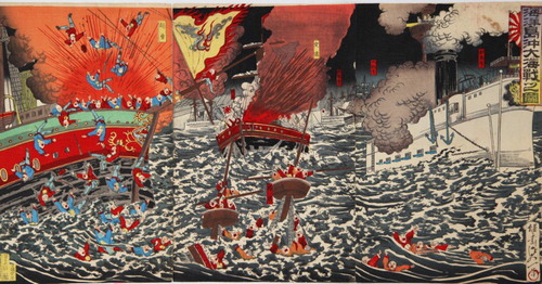 Figure 4. Watanabe Nobukazu. C. 1895. Naval battle during Sino-Japanese War. Woodblock triptych. 14 × 27 inches. Author’s collection.