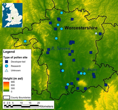 Figure 2. Distribution of pollen sites in Worcestershire (excluding the city of Worcester).
