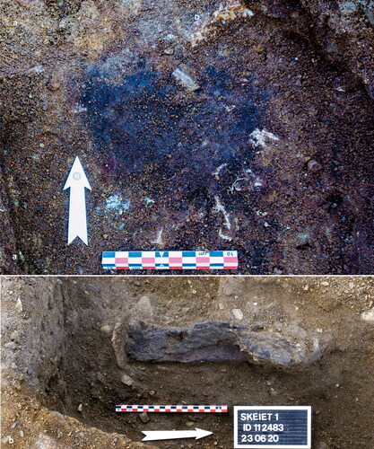 Fig 7 Excavation photographs. (a) Charred posthole in the south-western corner of the G9-wall trench. (b) Charred plank in the excavated G13-wall trench. Photographs by Eystein Østmoe (a) and Ole Husby (b), © NTNU University Museum.