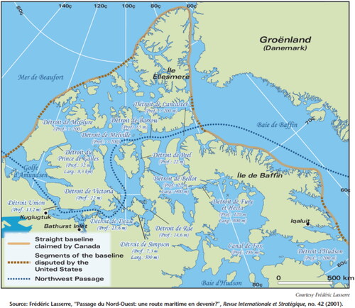 Figure 8. Frédéric Lasserre, “ Le passage du Nord-Ouest: une route maritime en devenir? “ The map shows segments of the baseline disputed by the United States, and the route that can be used for navigation through the Northwest Passage. Source: (2001) 42 Revue Internationale et Stratégique 143–160, reprinted in Kristin Bartenstein, “‘Use It or Lose It’: An Appropriate and Wise Slogan?,” at: https://policyoptions.irpp.org/magazines/immigration-jobs-and-canadas-future/use-it-or-lose-it-an-appropriate-and-wise-slogan