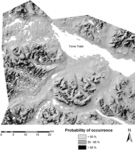 FIGURE 4. A probability surface map of snowbed vegetation derived using the autologistic model (model 4) for the Torne Träsk study area. A ceiling at 1335 m a.s.l. was applied to account for the upper elevation limit for occurrence of snowbed vegetation. Likewise, snow-covered ground was masked out
