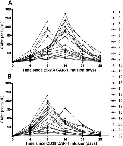 Figure 4. Expansion of CAR-T cells after infusion. CAR-T cell levels over time in peripheral blood are depicted, as measured by quantitative PCR for CAR sequence. (A) The absolute number of BCMA CAR+ cells/µl in peripheral blood within 28 days of infusion. (B) The absolute number of CD38 CAR+ cells/µl in peripheral blood within 28 days of infusion.