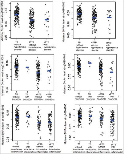 Figure 4. Distributions of DNA methylation at cg03915055 and cg06804705 in mothers from the discovery sample, stratified by TB/PTB status combined with the existence of pregnancy complications. TB: term birth; sPTB: spontaneous PTB; DM/GDM: diabetes and gestational diabetes.