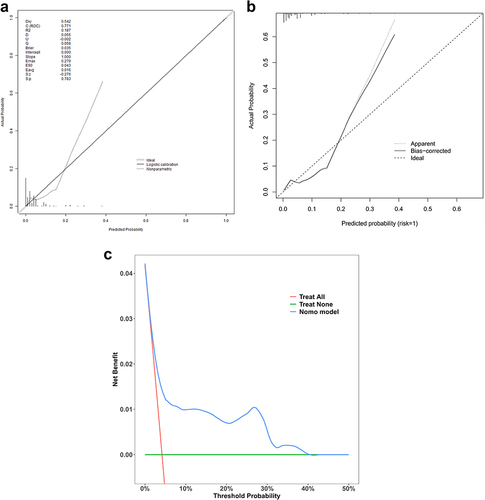 Figure 4 (a) Calibration curves of nomogram; (b) calibration curves of nomogram; (c) decision curve analysis of nomogram.