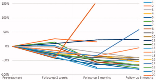 Figure 6. Change in volume per patient at 2-week, 3- and 6-month follow-up (in %).