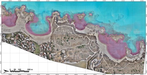 Figure 3. Map of the bays of Dor with purple contour line marking 2 m BSL points (prepared by A. Tamberino and M. Runjajić).