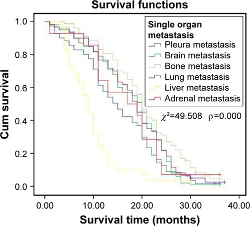 Figure 1 Cumulative survival time of patients with different single organ metastases.