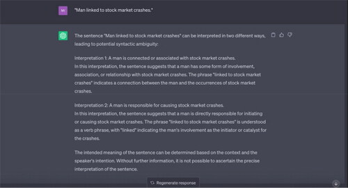 Example 3 “Man linked to stock market crashes.”Source: Tested on ChatGPT on 17 May 2023.Note: ChatGPT offers two interpretations, both of which are similar, since they treat “crashes” as modifying “stock market.” Another distinct interpretation is: “A man was linked to the stock market. This man has crashed.” ChatGPT’s two interpretations seem to revolve around semantic ambiguity in the word “linked,” rather than syntactic ambiguity relating to the word “crashes.”