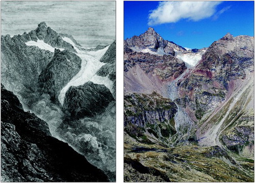 Figure 1. The Teleccio Glacier under the pyramidal peak of Torre del Gran San Pietro (3692 m), viewed looking North-East from the peak of Gran Carro (2961 m), in a drawing of 1850 by M. A. Relly (left) and in a 2003 photo by D. Cat Berro (right).