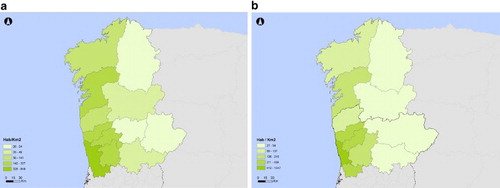 Figure 1. Population density in the Euroregion, 2001 (A), e 2014 (B). Source: CAOP 2015; Diva GIS; Statistics Portugal (INE) and Galician Statistical Office (IGE), 2001, 2011 e 2014 (Own elaboration).