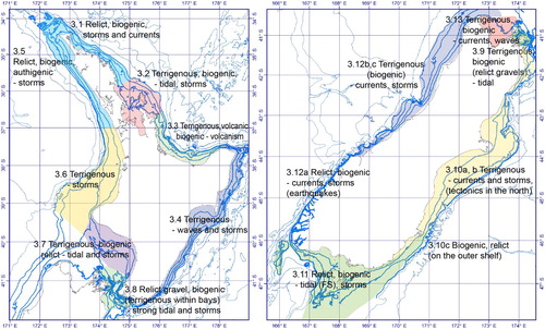 Figure 4. Summary of the dominant sediments in each region and the main environmental and geological factors influencing the distribution of the sediments. See Table 1 for more details. Numbers refer to the sections in the paper that discuss the regions.