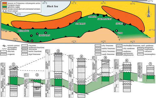 Figure 4. Synthetic lithostratigraphic sections throughout the study area. (1), (3) and (4) modified after Gedik (Citation2008); (2) modified after Moix et al. (Citation2008); (5) modified after Bozkuş (Citation1998); (6) and (7) modified after Sokolov (Citation1977).