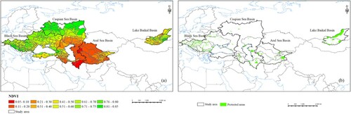 Figure 1. The normalized difference vegetation index (NDVI) of the study area and the distribution of protected areas.