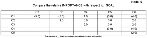 Figure 2. Pairwise comparison matrix of criteria.