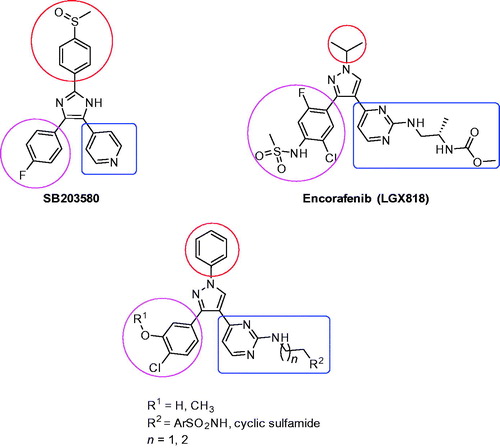 Figure 1. Structures of SB203580, Encorafenib (LGX818), and rationale design to the target compounds 1a–l and 2a–l.