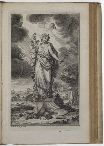 FIGURE 1 The Statue of Peace representing the 1748 Peace of Aix-la-Chapelle, with objects below referring to a prospering economy, agriculture, arts and sciences during peace time. Engraving by Simon Fokke, published in Nederlandsche Jaerboeken 2 no. 2 (1748): between 1088–9. Copy University of Groningen Library (photograph Dirk Fennema, Haren, The Netherlands).