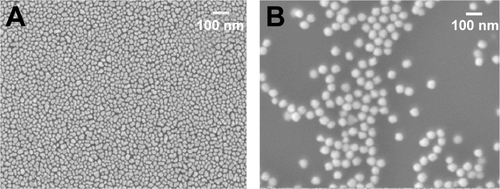Figure S1 Field emission scanning electron microscope image of surface-enhanced Raman spectroscopy substrates used in the study.Notes: (A) Ag nano-island substrate fabricated by e-beam evaporation method. (B) Aqueous Au colloid with 60 nm average diameter.2