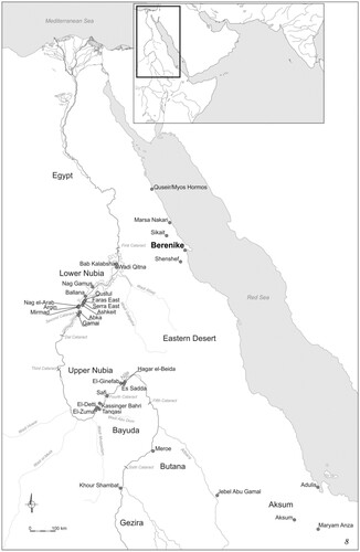 Figure 2. Map showing the location of Berenike and the distribution of South Indian/Sri Lankan glass beads in Northeast Africa (adapted from Then-Obłuska et al. Citation2022).