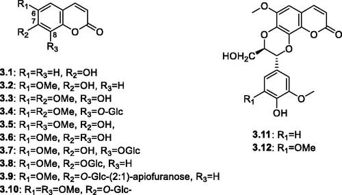 Figure 4. Structures of coumarins and coumarinolignans (3.1–3.12) reported in the genus Salsola.