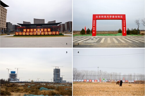 Figure 6. Xiong’an under Construction. Source: The author.Note: Photo 1 is the state-invested business service centre that is already completed. Photo 2 shows the site delineated for a campus of the University of Science and Technology Beijing to be planned and constructed. Photo 3 shows the headquarters of two state-owned enterprises under construction. Photo 4 is a construction site fenced in a farmland. All photos were taken in December 2023, showing the latest construction state of various sites in Xiong’an.