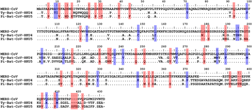Fig. 3 Multiple alignment of the amino acid sequences of the nucleocapsid proteins of MERS-CoV, Ty-BatCoV-HKU4, and Pi-BatCoV-HKU5.Red color shows the amino acid residues that were identical between the nucleocapsid proteins of MERS-CoV and Ty-BatCoV-HKU4 but not with that of Pi-BatCoV-HKU5. Blue color shows the amino acid residues that were identical between nucleocapsid proteins of MERS-CoV and Pi-BatCoV-HKU5 but not with that of Ty-BatCoV-HKU4