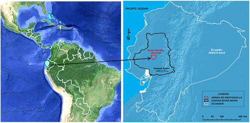 Figure 1. Abras de Mantequilla wetland, location in Ecuador and Guayas River Basin. Right figure WETwin project database (Arias-Hidalgo, Citation2012).