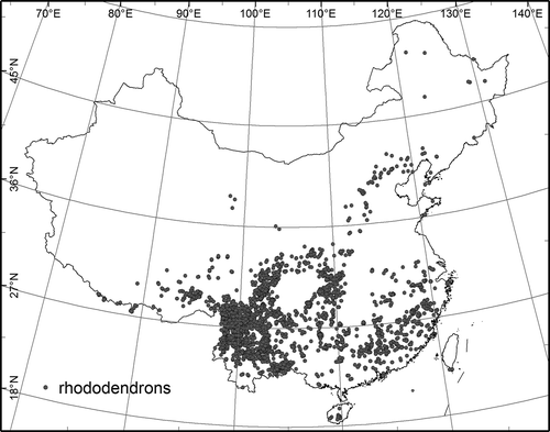 Figure 1. Study area and the locations of 80 rhododendron species in China used in the species distribution models.