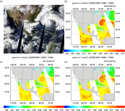 Fig. 5 MODIS image of Sandy (a), AMSR2 23.8 GHz-V images at 1800 UTC 27 October within a ±3-h time window from the observed (b), CRTM-simulated background brightness temperatures (K) from the CLRSKY experiment with clear-sky CRTM (c) and the ALLSKY experiment with all-sky CRTM (d).