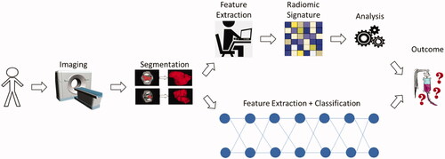 Figure 4. This flowchart shows the generalized overview of the neoadjuvant and adjuvant studies from patient image acquisition (CT, MRI, PET), tumor segmentation, radiomic signature, machine learning analysis, and the predicted outcome in the traditional machine learning radiomics approach versus the deep learning approach.