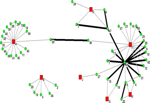 Fig. 3 SNA of NWT2 DNA fingerprint cluster. The green circles represent the cases and the red squares represent the communities. The heavy black lines represent cases reported within 2 years, while the lighter lines represent exposure between the cases exceeding 2 years.