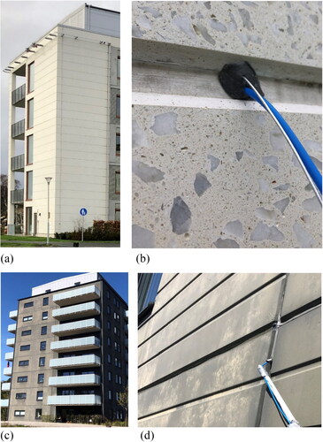 Fig. 2. a) Five-story building in Kungälv, b) Measurement of pressure difference across façade/joint sealing at floor two, c) Eight-story building in Borås, d) Measurement of pressure difference across joint sealing. The measurement hose is mounted via TDV-tube at floor seven.