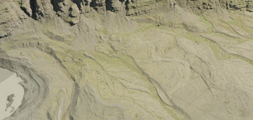Figure 8. Aerial photograph (NERC ARSF 2007 orthophotograph) extract showing the kame terraces located beneath the bedrock cliffs of Varða on the east side of the foreland.